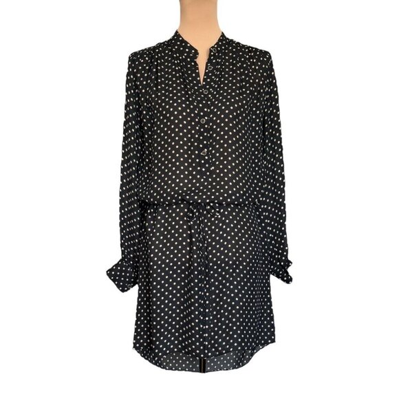 Rebecca Minkoff 100% Silk Shirt Dress Sz.6 Black Polkadot MIni Belted Preppy - Picture 1 of 12
